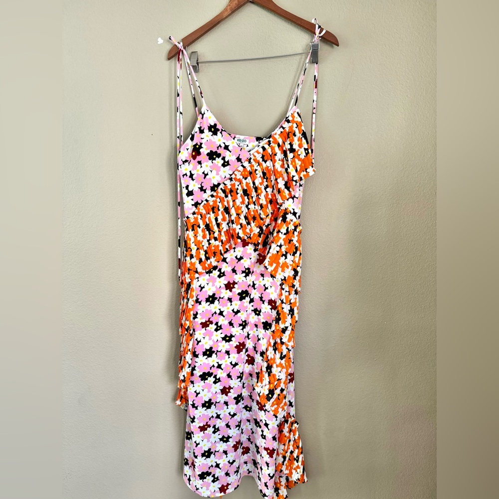 Kenzo Mixed Floral Print Ruffle Midi Slip Tank Dress Size 40 (8) Pink Orange - Picture 2 of 10